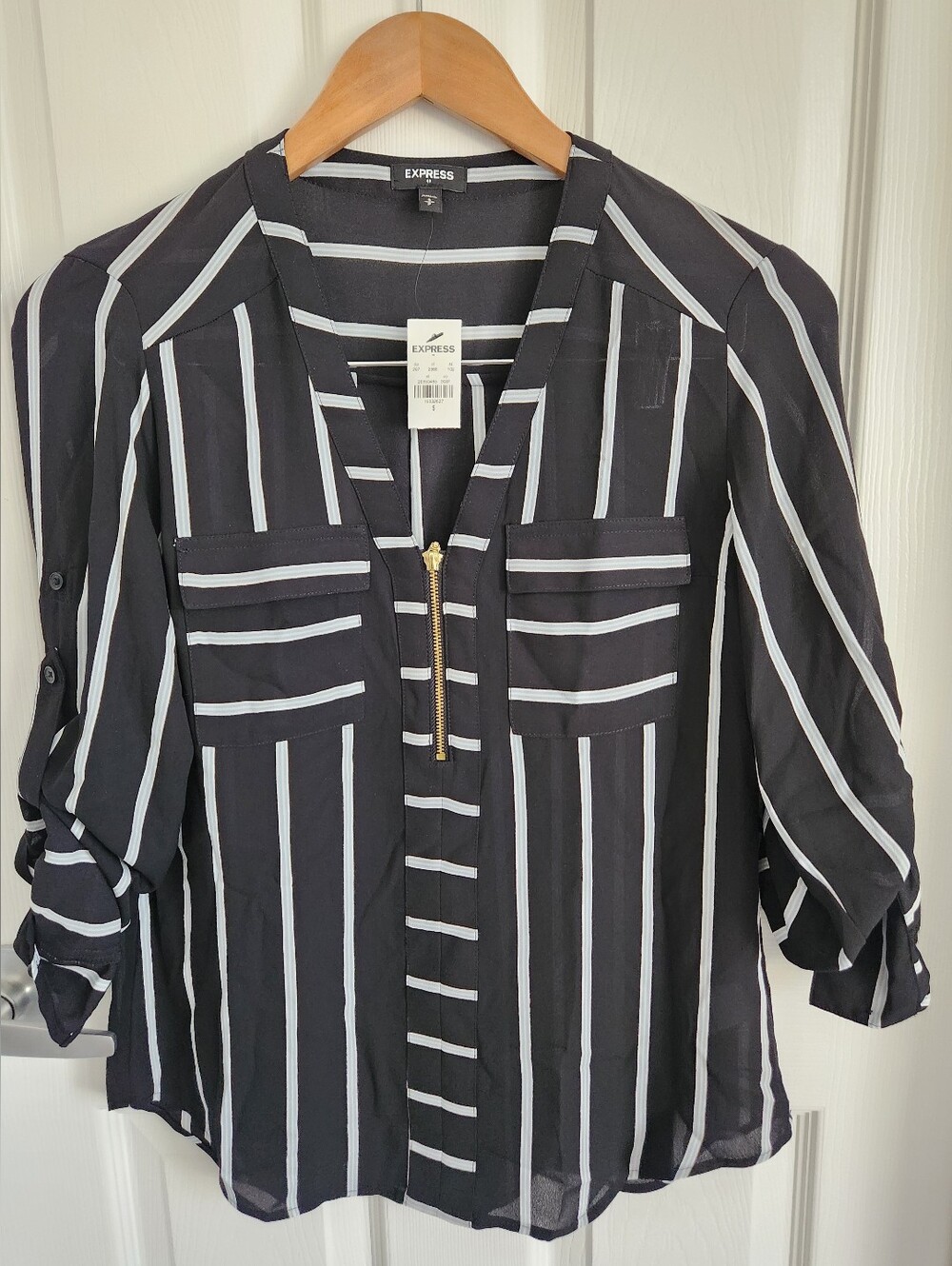 Express Black and White Vertical Stripe Zip Blouse